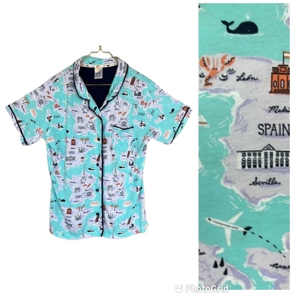 Munki Munki‎ European Travel Print Short Sleeve Front Button Down PJ Pajama Top - Picture 1 of 9